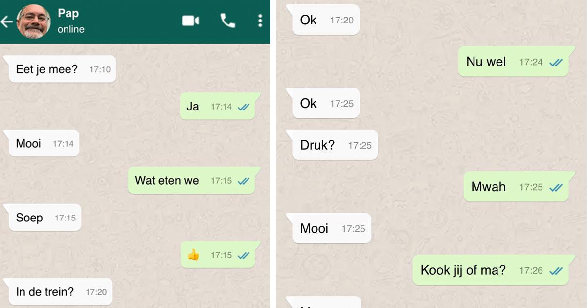 Dit gesprek met een vader op WhatsApp verloopt weer lekker kort en bondig (5 screens)