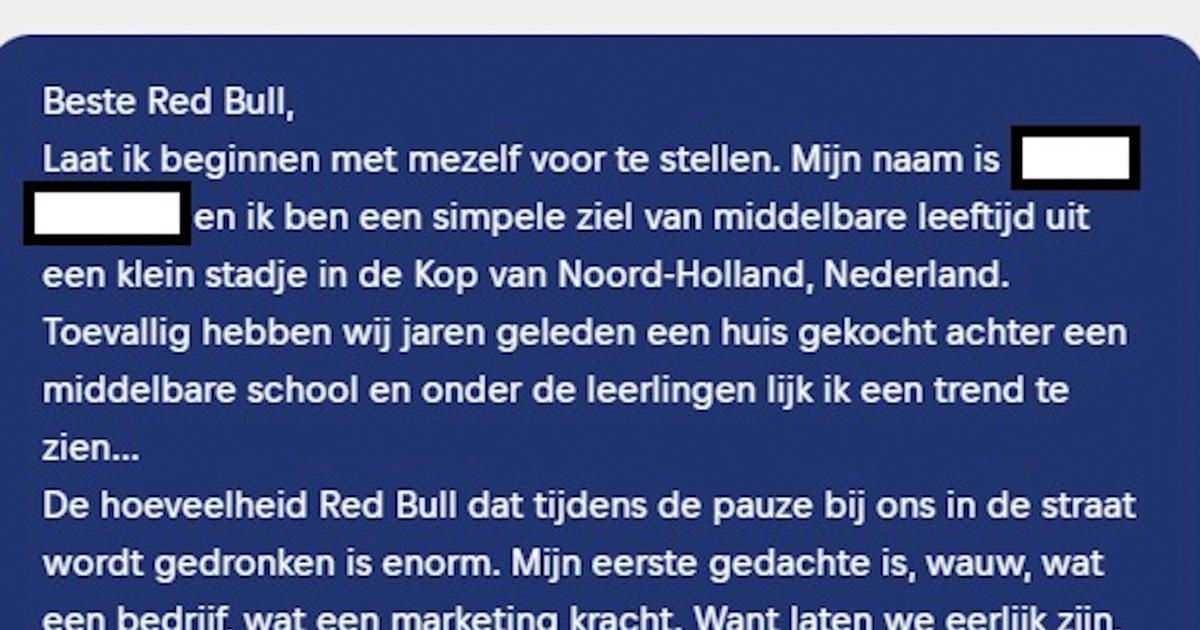 Man van middelbare leeftijd schrijft een vet uitgebreide brief naar Red Bull met best een goed idee en dit is het antwoord (6 screens)